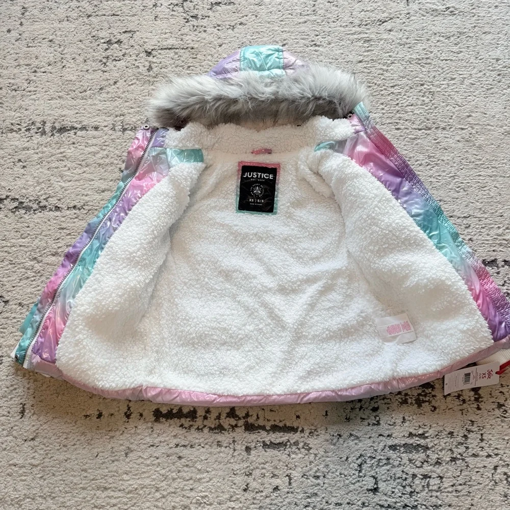 NWT-Girls Justice Sparkle Sherpa Classic Puffer Jacket Faux Fur Hood Sz 5/6 XS